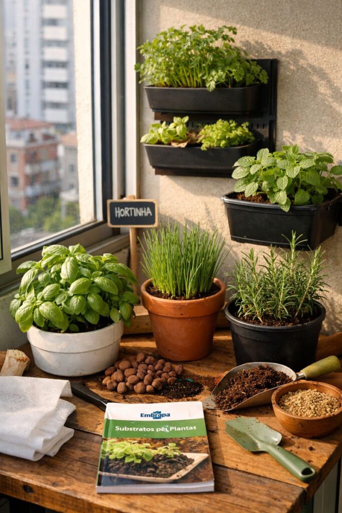 Horta de temperos em vasos na janela de um apartamento.