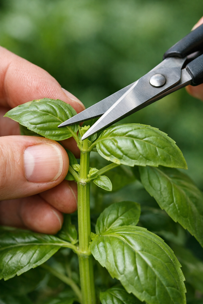 Mãos podando uma planta de manjericão com uma tesoura, realizando o corte logo acima do nó das folhas; imagem em macro com foco nítido nas folhas verdes e caule, iluminação natural e fundo desfocado.