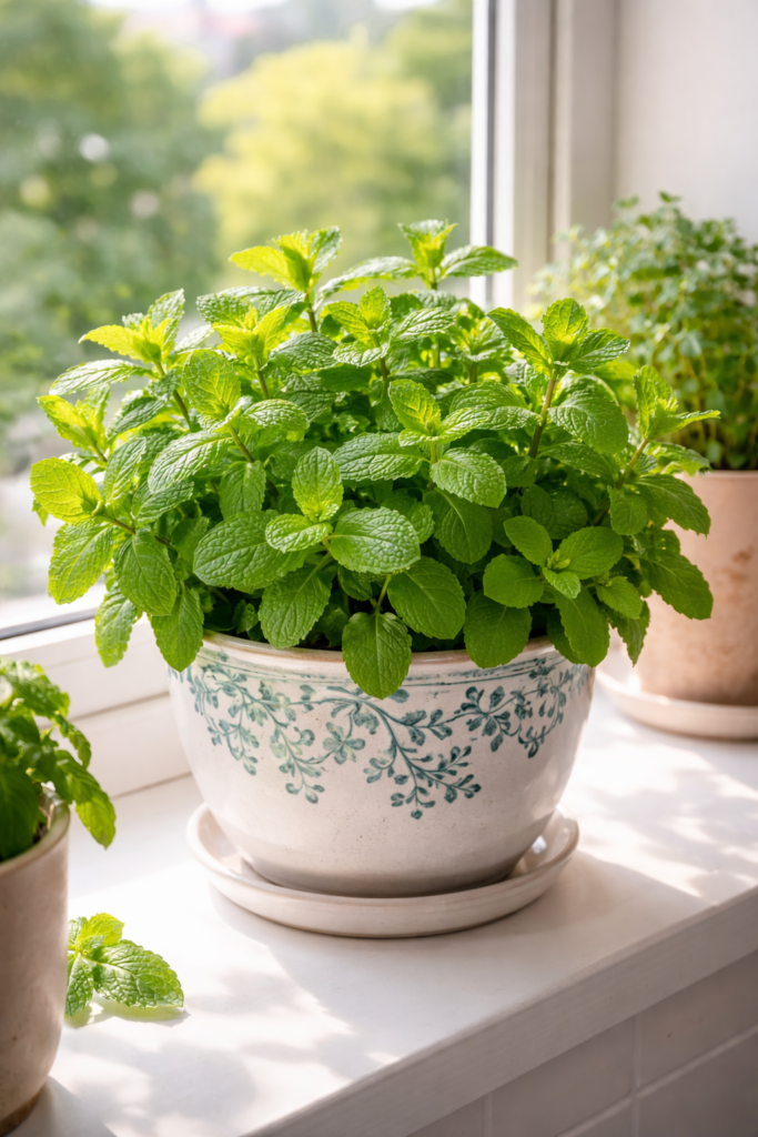 Hortelã verde e viçosa crescendo em vaso de cerâmica decorativo no parapeito da janela da cozinha, com folhas frescas e iluminação natural suave da manhã.