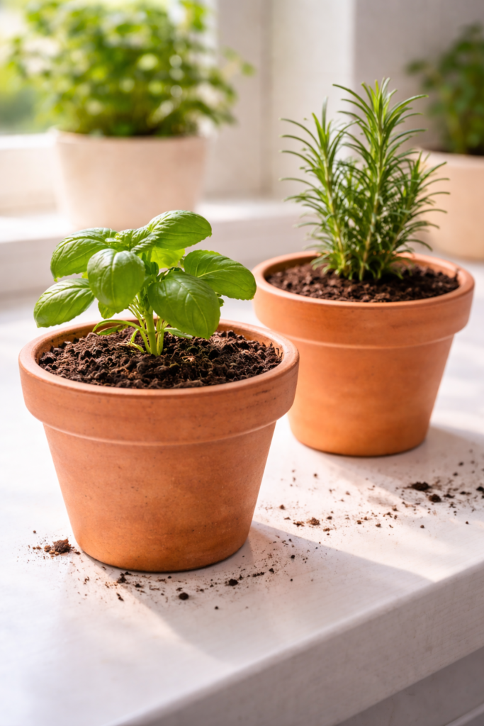 Mudas de manjericão e alecrim recém-plantadas em vasos de barro com terra, posicionadas em local iluminado do apartamento, mostrando o cultivo de temperos a partir de estacas.