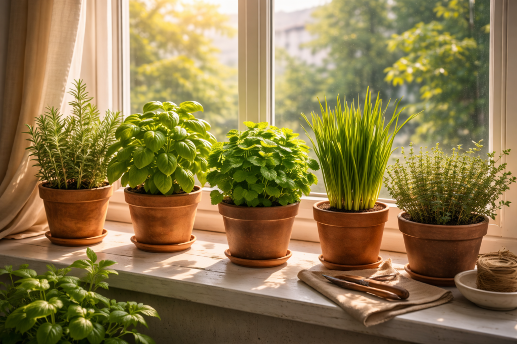 Parapeito de janela ensolarado em apartamento com cinco ervas cultivadas em vasos de barro: alecrim, manjericão, hortelã, cebolinha e tomilho, com folhas verdes e viçosas recebendo luz natural da manhã