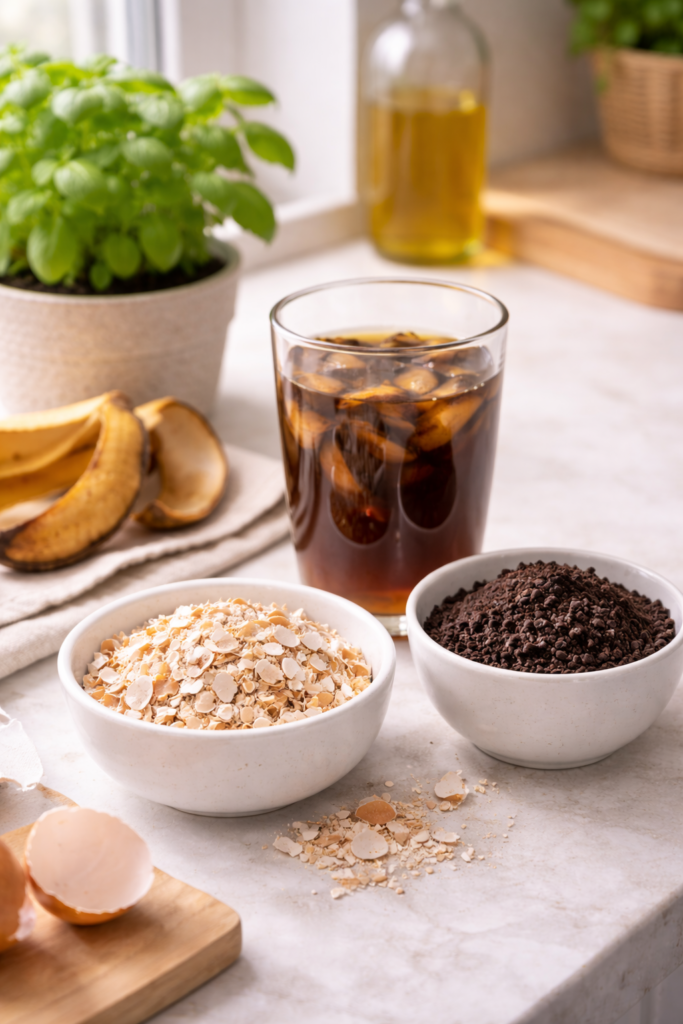 Adubo caseiro para horta em apartamento com casca de ovo triturada, borra de café seca e chá de casca de banana sobre a bancada da cozinha, ao lado de uma planta verde, em um ambiente claro e sustentável.