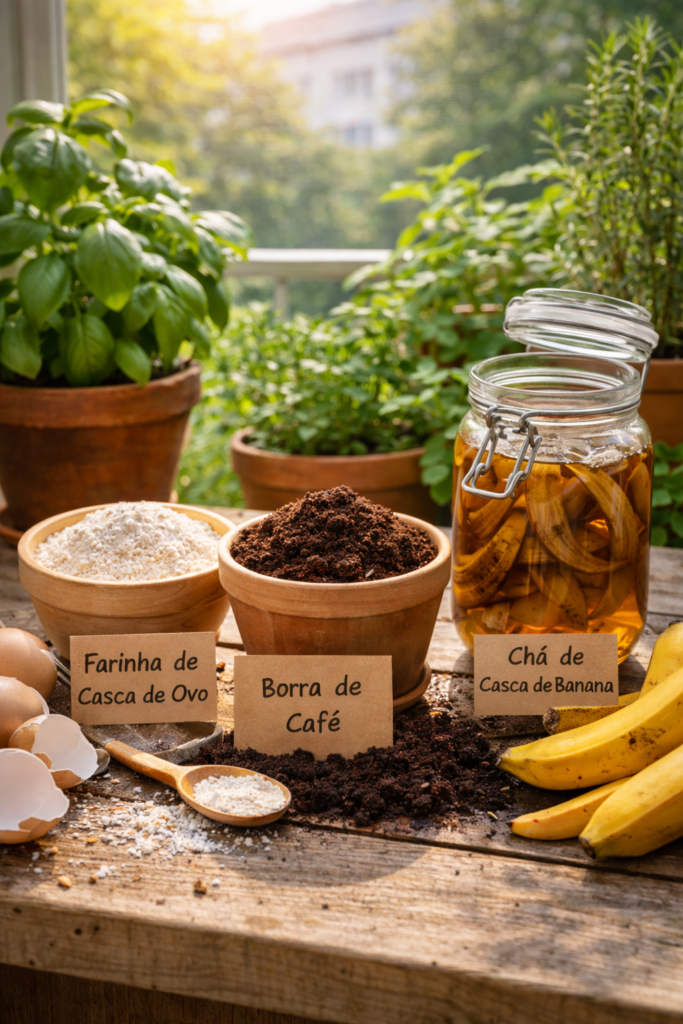 Adubos caseiros para horta em apartamento: farinha de casca de ovo, borra de café seca e chá de casca de banana dispostos sobre uma mesa, com vasos de temperos ao fundo recebendo luz natural