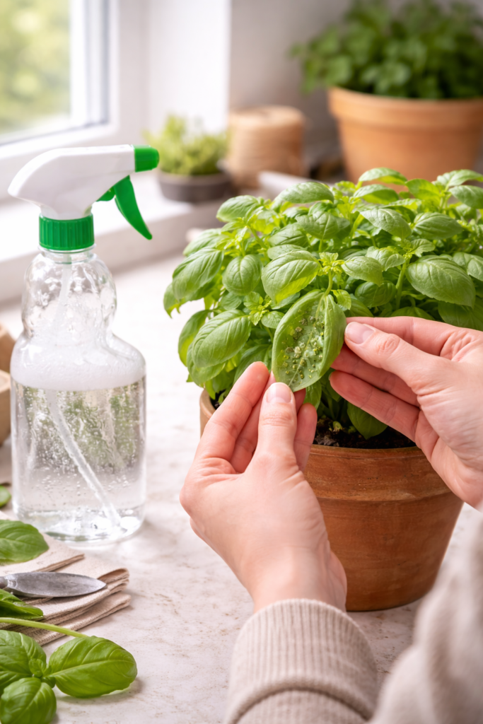 Pessoa examinando folha de manjericão com pulgões em horta de apartamento, com borrifador de inseticida natural ao lado, em ambiente interno iluminado por luz natural.