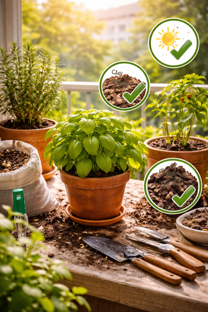 Horta em apartamento saudável e bem cuidada, com manjericão, alecrim e pimenteira cultivados em vasos de barro, recebendo sol direto, solo bem drenado e crescimento vigoroso após correção dos erros de cultivo