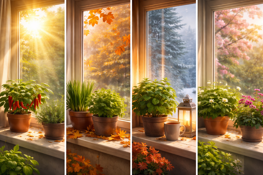 Imagem em quatro painéis mostrando uma horta na janela do apartamento ao longo das estações do ano: verão com sol intenso, outono com folhas alaranjadas, inverno com luz suave interna e primavera com plantas floridas.