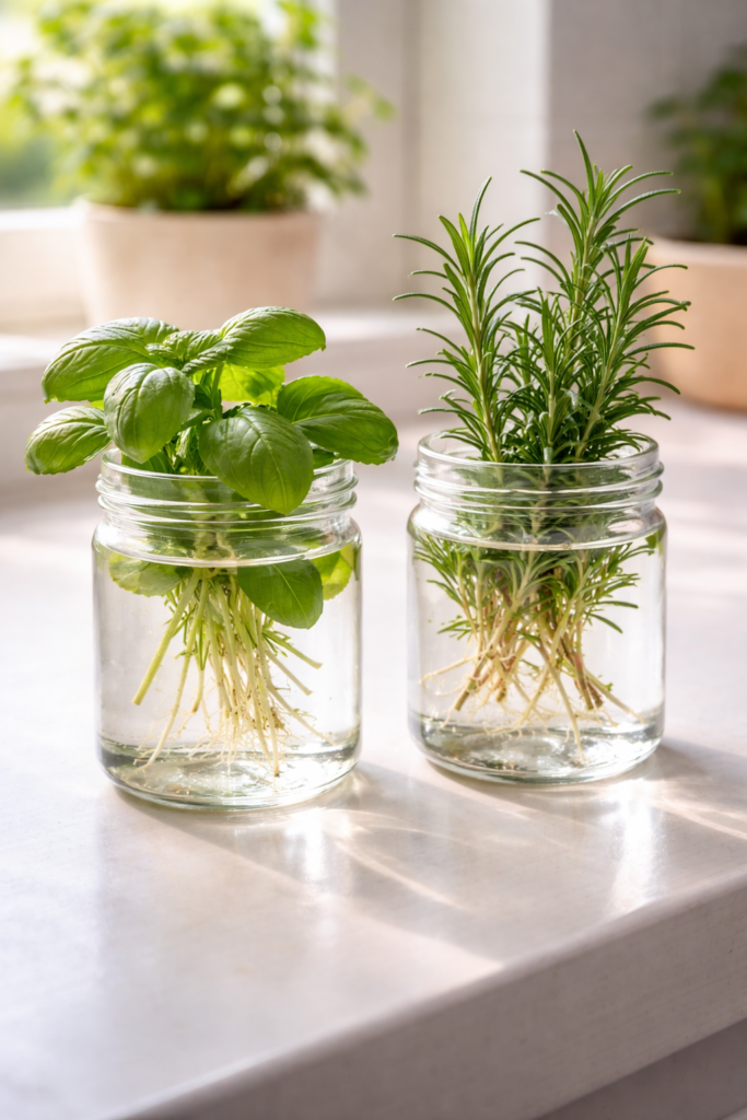 Mudas de manjericão e alecrim enraizando em copos de vidro com água, posicionadas na bancada da cozinha com luz natural, mostrando o crescimento das raízes para multiplicação de temperos