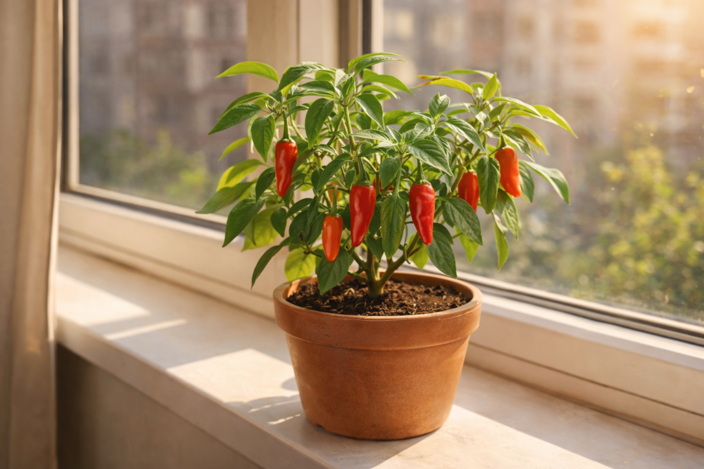 Pé de pimenta cultivado em vaso sobre o parapeito de uma janela de apartamento ensolarada, com frutos vermelhos e verdes pendentes e folhas verdes viçosas.