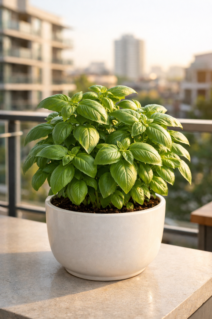 Vaso de cerâmica branca com uma planta de manjericão saudável e cheia, em uma varanda de apartamento moderno, iluminada por luz natural suave da manhã, com prédios urbanos desfocados ao fundo.