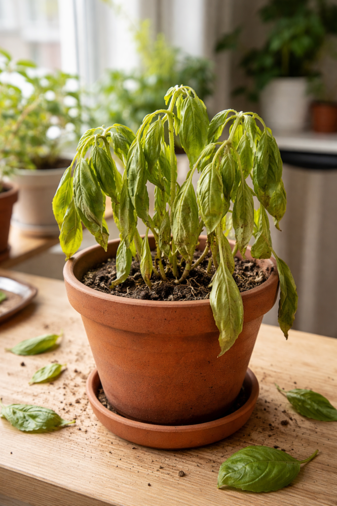 planta de manjericão murcha em apartamento