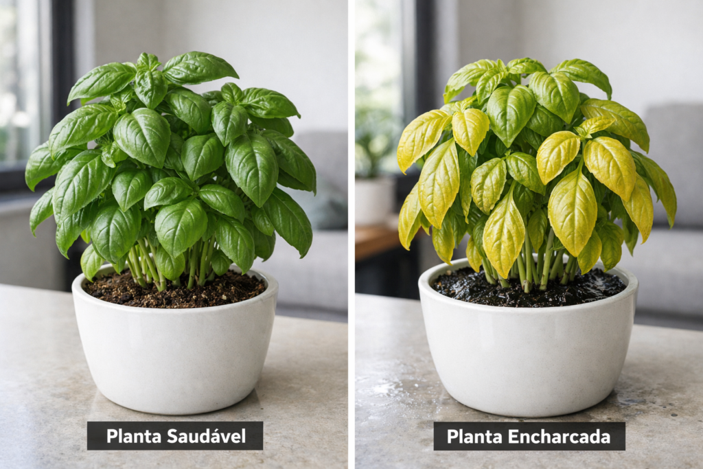 duas plantas de manjericão em vasos lado a lado, uma saudável com folhas verdes e outra com folhas amarelas e caídas por excesso de água