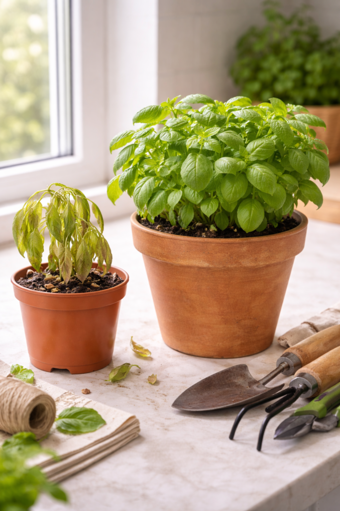 Comparação entre planta murcha em vaso pequeno de plástico e planta saudável em vaso grande de barro, mostrando erros comuns e acertos no cultivo de horta em apartamento, em ambiente interno com luz natural.