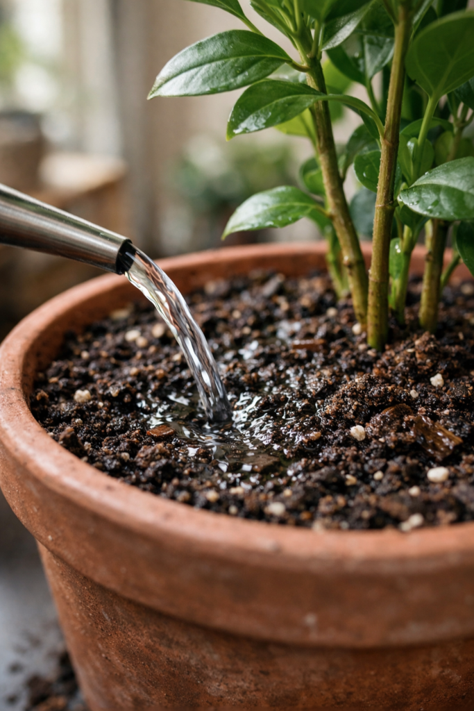 Rega correta de planta em vaso dentro de apartamento, com água sendo absorvida pelo solo úmido e bem drenado, destacando cultivo doméstico saudável e cuidados essenciais para horta em apartamento.