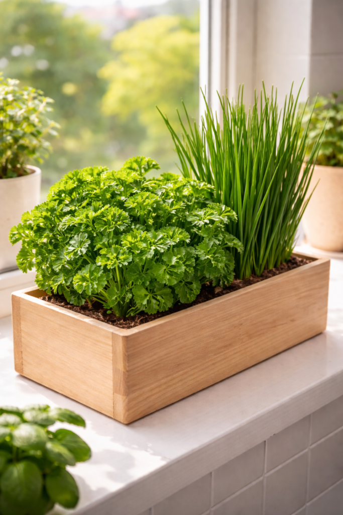 Salsinha e cebolinha cultivadas juntas em jardineira retangular de madeira sobre a janela da cozinha, com folhas verdes e viçosas recebendo luz natural.