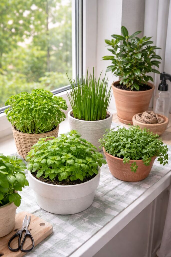 Prateleira de madeira com vasos de temperos variados perto de uma janela iluminada, exemplificando uma horta de meia-sombra em apartamento