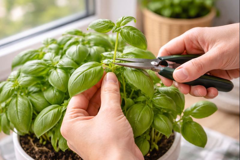 Mãos de uma pessoa realizando a poda de beliscamento em um pé de manjericão, cortando o topo do galho para estimular o crescimento.