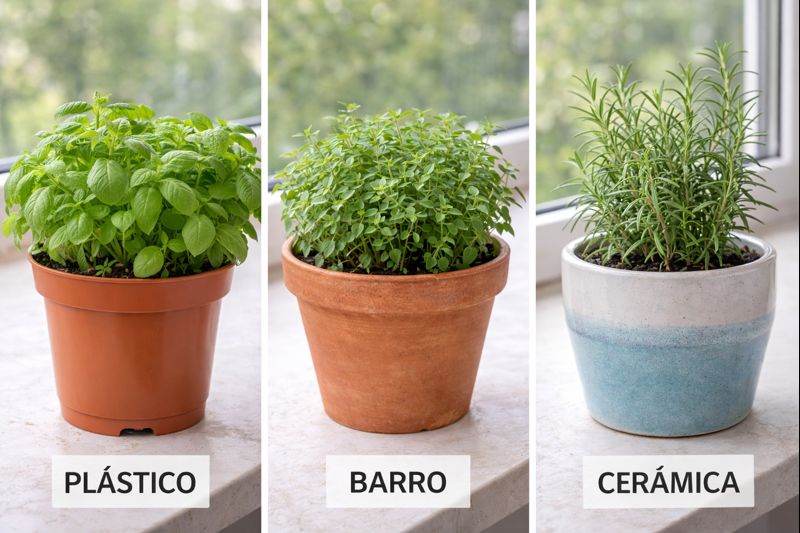 Comparação entre vasos de plástico, barro (terracota) e cerâmica esmaltada usados em horta de apartamento, mostrando como cada material influencia o cultivo de temperos em ambientes internos.