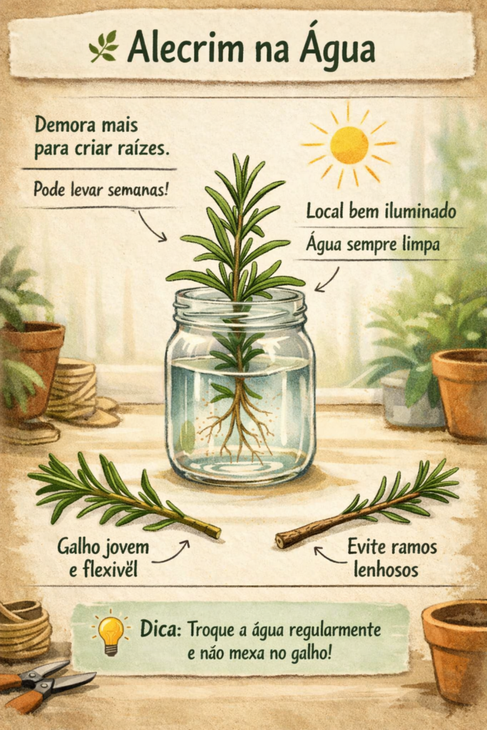 Infográfico em estilo botânico ensinando como cultivar alecrim na água, com um ramo colocado em um pote de vidro com raízes visíveis em desenvolvimento. A imagem destaca que o enraizamento pode demorar semanas, orienta manter o recipiente em local bem iluminado e usar água limpa. Também mostra a diferença entre galhos jovens e flexíveis (ideais) e ramos lenhosos (menos indicados), além de uma dica para trocar a água regularmente e evitar mexer no galho durante o processo.