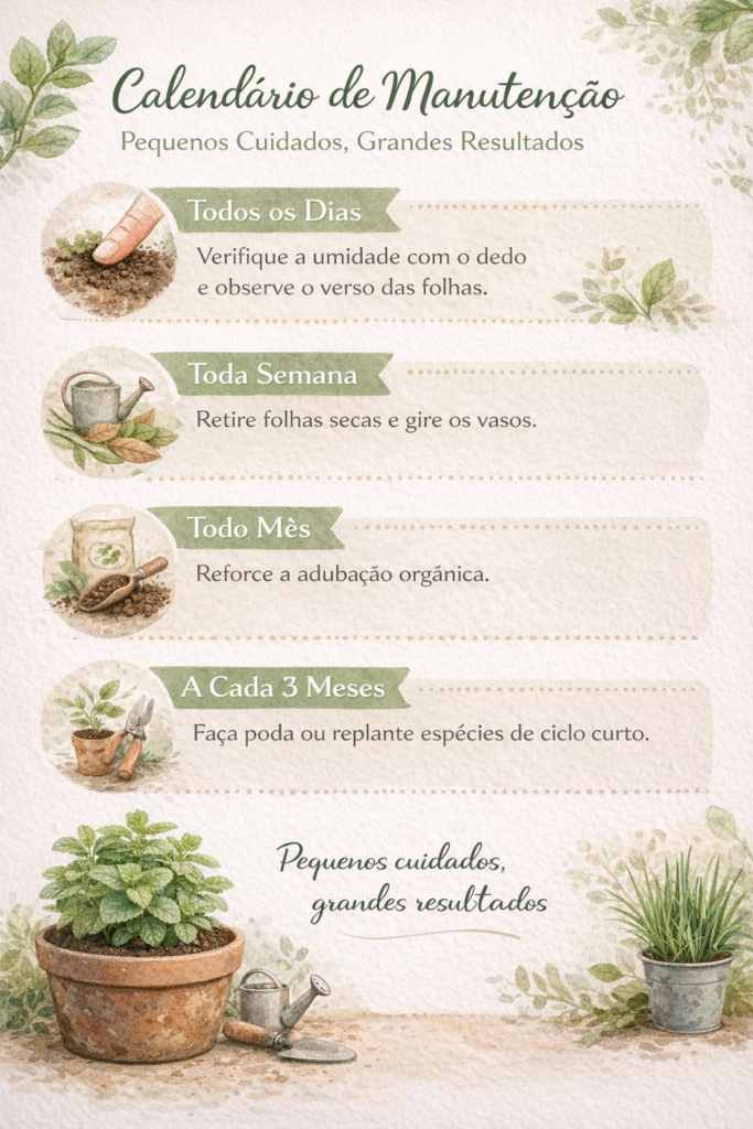 Infográfico em estilo botânico e tons suaves de verde intitulado “Calendário de Manutenção”, mostrando cuidados com plantas em vaso organizados por frequência: todos os dias (verificar a umidade do solo e observar as folhas), toda semana (retirar folhas secas e girar os vasos), todo mês (reforçar a adubação orgânica) e a cada 3 meses (realizar poda ou replantio). Ao fundo, ilustrações delicadas de plantas, folhas e ferramentas de jardinagem.