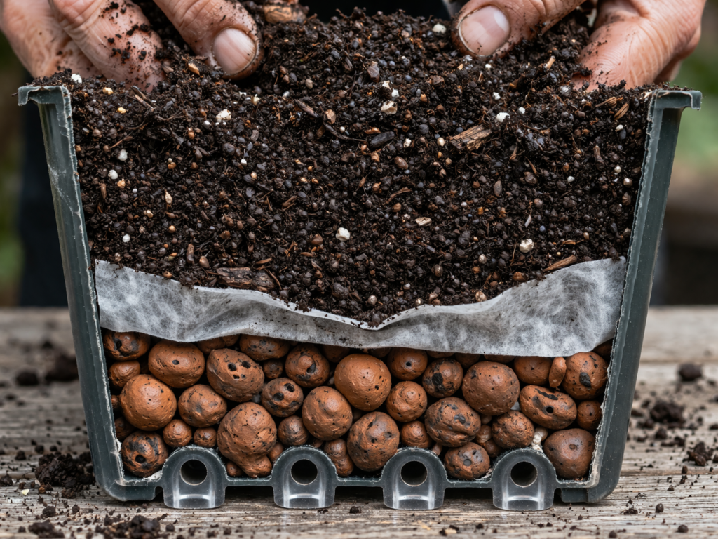Corte em seção de um vaso plástico mostrando o sistema de drenagem: na base, furos de escoamento; acima, camada de argila expandida; sobre ela, manta geotêxtil (bidim); e, no topo, substrato orgânico escuro e rico. Mãos adicionam terra ao vaso, em close macro detalhado, com estilo fotográfico científico.