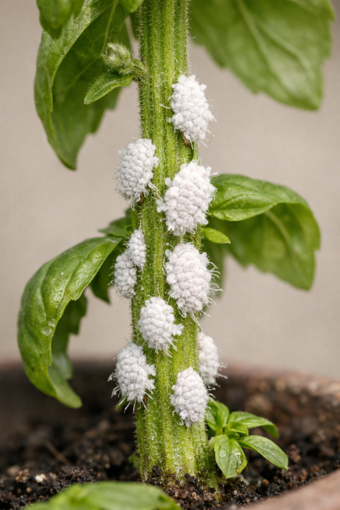 Cochonilha branca no caule de manjericão cultivado em apartamento.