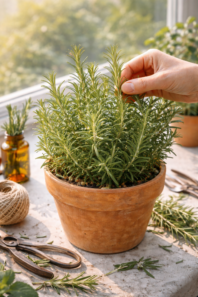 Alecrim cultivado em vaso de barro sobre peitoril de janela de apartamento, com folhas verdes viçosas sendo colhidas à mão sob luz natural.