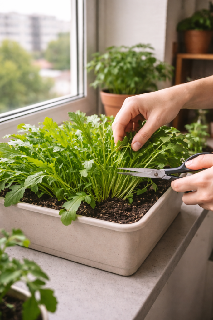 Colheita de rúcula cultivada em vaso dentro de apartamento, com corte das folhas usando tesoura próximo à janela, em ambiente com luz natural indireta