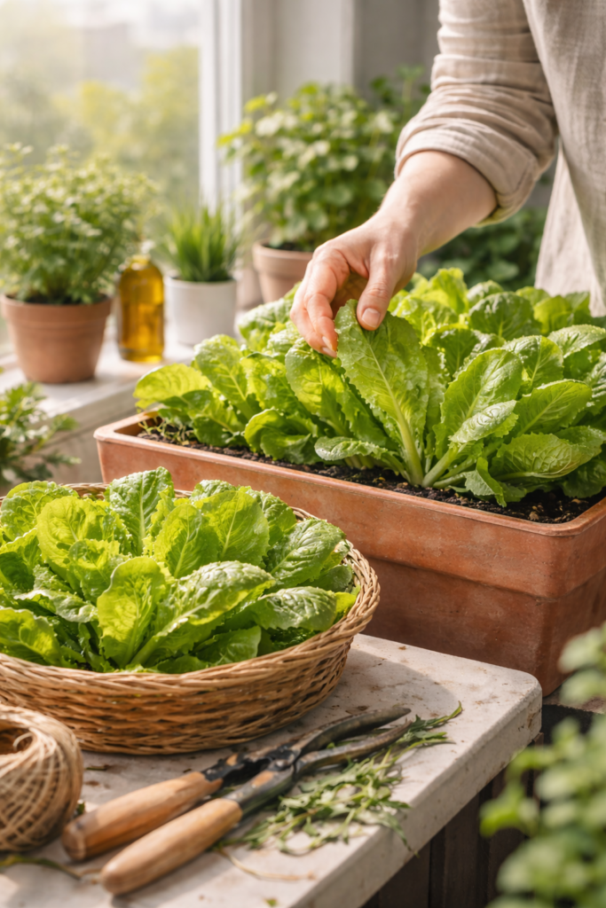 Colheita de alfaces cultivadas em jardineira em apartamento, com folhas verdes e frescas sendo retiradas à mão sob luz natural.
