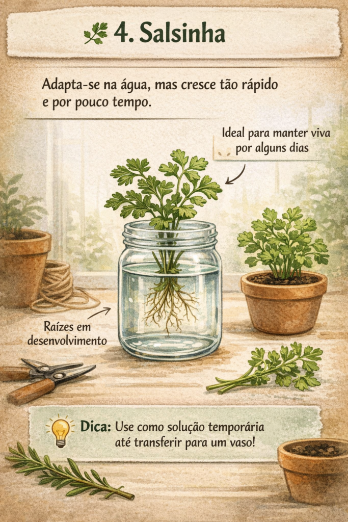 Infográfico em estilo aquarela ensinando sobre o cultivo de salsinha na água, com ramos colocados em um pote de vidro e raízes em desenvolvimento visíveis. A imagem explica que a planta se adapta, mas cresce por pouco tempo, sendo ideal como solução temporária. Ao lado, há uma salsinha já plantada em vaso, reforçando a transição. Inclui uma dica indicando o uso na água apenas até transferir para o cultivo em substrato.