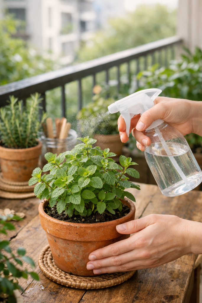 Aplicação de solução natural para combater pragas em horta medicinal.