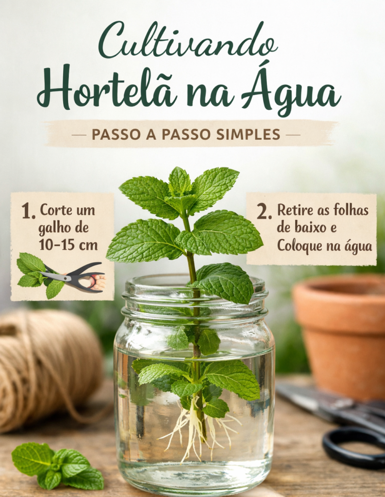 Infográfico em estilo botânico ensinando como cultivar hortelã na água, com um ramo de hortelã em um pote de vidro com raízes visíveis submersas. A imagem mostra o passo a passo: cortar um galho de 10 a 15 cm e remover as folhas inferiores antes de colocar na água. Ao fundo, elementos de jardinagem e, na base, uma dica indicando manter a hortelã em recipiente separado porque se espalha rapidamente.