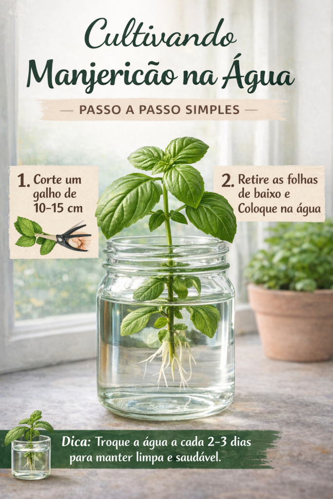 Infográfico em estilo botânico ensinando como cultivar manjericão na água, com um ramo saudável em um pote de vidro com raízes visíveis submersas. A imagem mostra o passo a passo: cortar um galho de 10 a 15 cm, remover as folhas inferiores e colocar na água. Ao fundo, ambiente claro com luz natural e elementos de jardinagem, além de uma dica destacando a troca da água a cada 2 a 3 dias para manter a planta saudável.
