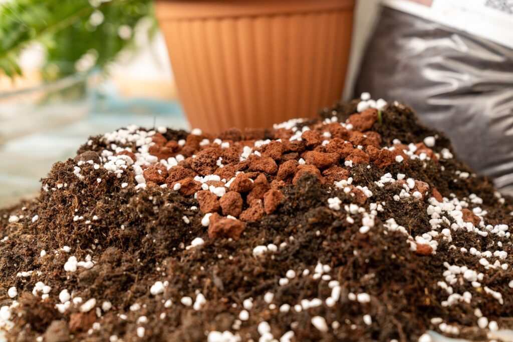 Mistura de substrato leve com terra vegetal, composto orgânico e perlita para cultivo de tomate-cereja em vaso.