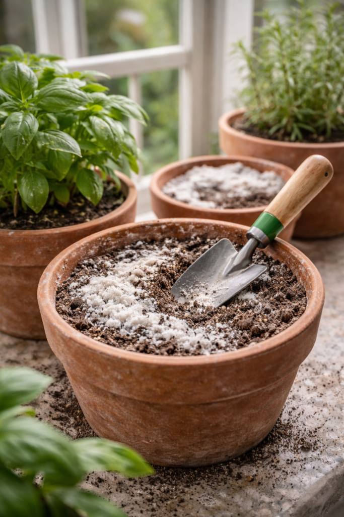 Vaso de barro com terra apresentando camada branca de sais minerais na superfície, sendo revolvida com uma pequena pá de jardinagem em uma janela de apartamento, com plantas verdes ao fundo
