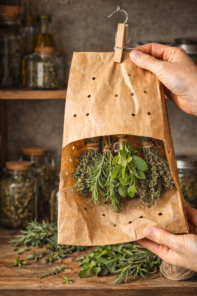 Ervas medicinais secando dentro de um saco de papel pardo pendurado, método caseiro para secar ervas no apartamento sem mofo