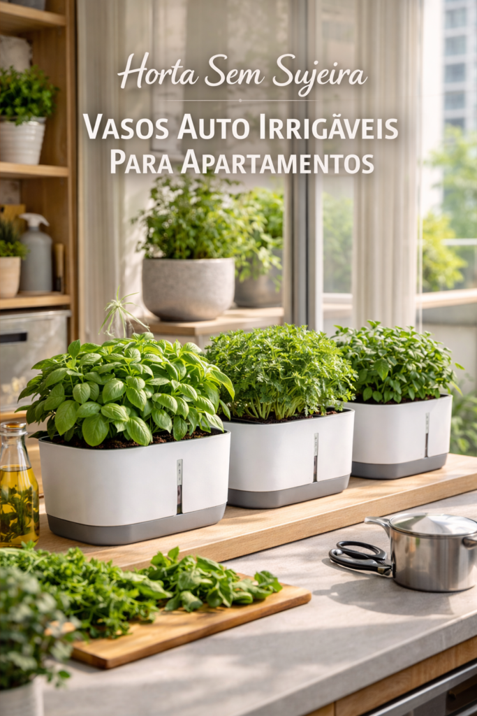 Vasos autoirrigáveis com manjericão, salsinha e hortelã em uma horta de apartamento montada sobre bancada, em um ambiente moderno e sem sujeira
