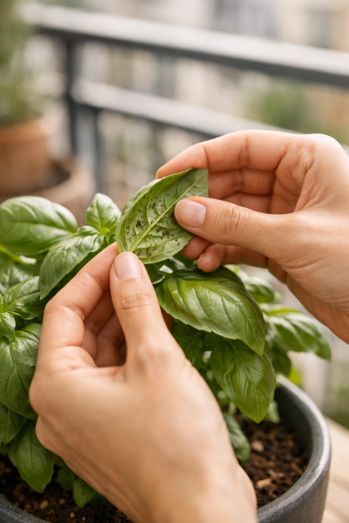 Inspeção das folhas para identificar pragas na horta medicinal.