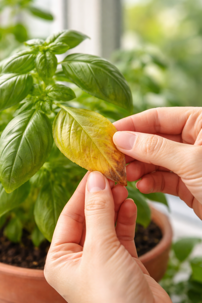 Mãos segurando uma folha de manjericão com ponta amarelada e seca, analisando sinais de estresse da planta em um vaso dentro de um apartamento iluminado pelo sol