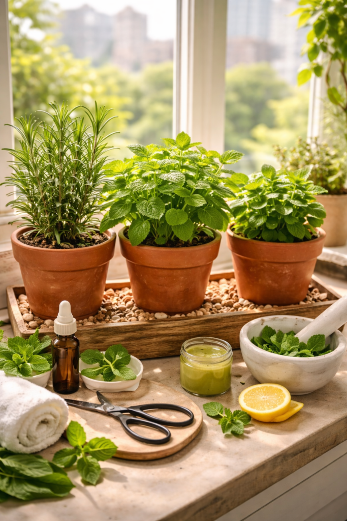 Kit de plantas medicinais em vasos no parapeito da janela do apartamento, com alecrim, melissa e hortelã ao lado de itens de uso natural como almofariz, frasco de óleo essencial e folhas frescas, em ambiente iluminado pela luz do sol.