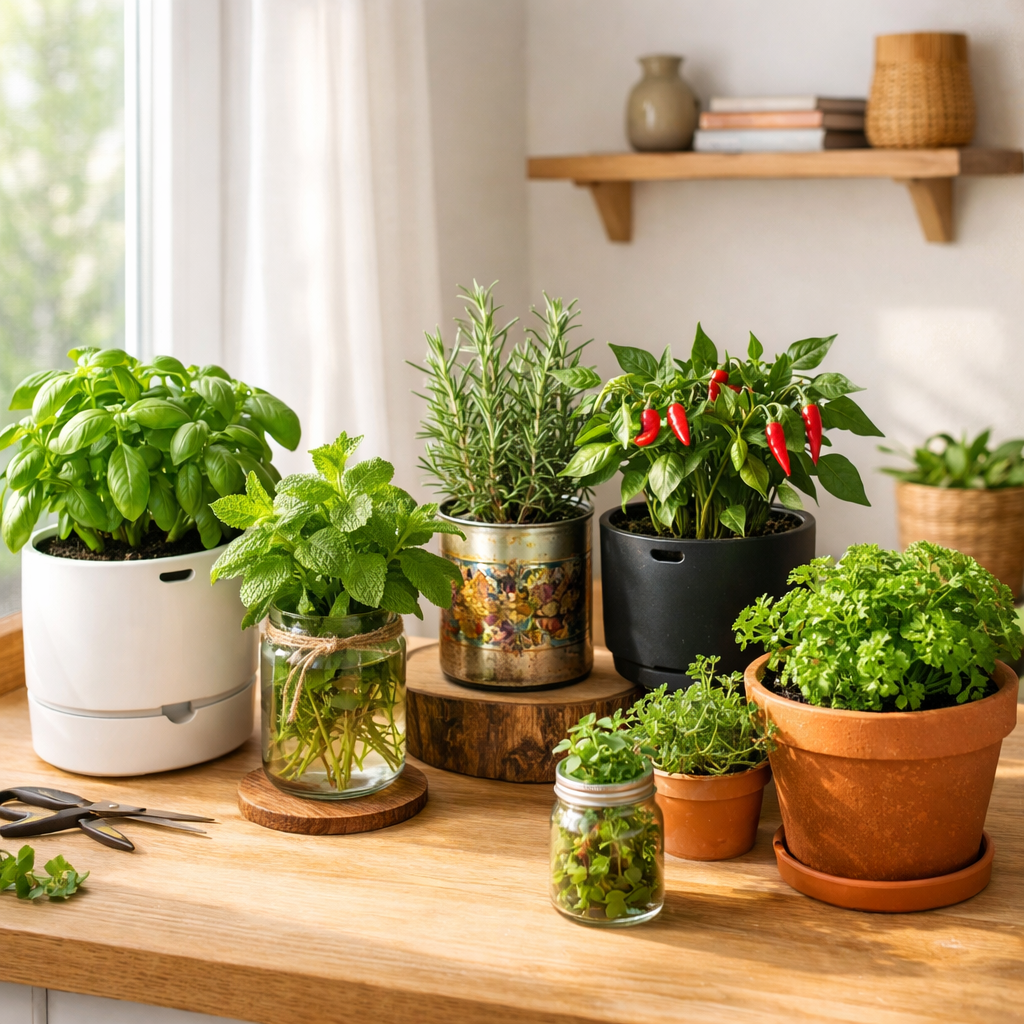Jardim de ervas em apartamento moderno, com vasos de terracota, recipientes autoirrigáveis e potes de vidro reciclados, contendo manjericão, hortelã, alecrim e pimentas, dispostos sobre uma superfície de madeira perto de uma janela iluminada