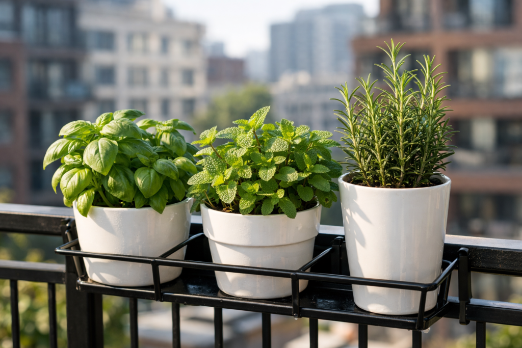 Vasos de cerâmica branca com ervas frescas — manjericão, hortelã e alecrim — dispostos em um suporte na grade de uma varanda de apartamento. A luz suave do sol da manhã ilumina as plantas, criando sombras delicadas, enquanto ao fundo há prédios urbanos desfocados.