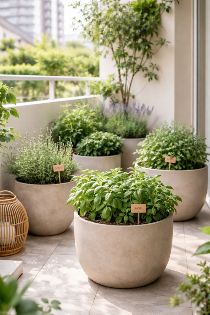 Horta medicinal saudável em apartamento com plantas verdes e vigorosas.