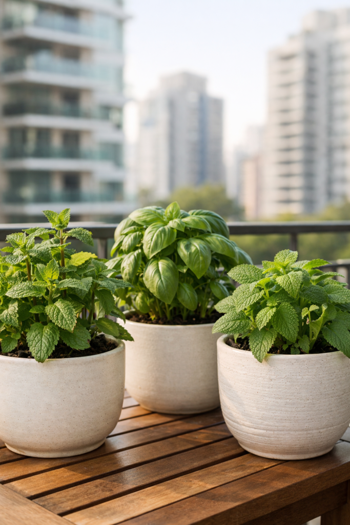 Horta medicinal em varanda de apartamento com sinais leves de pragas nas folhas.