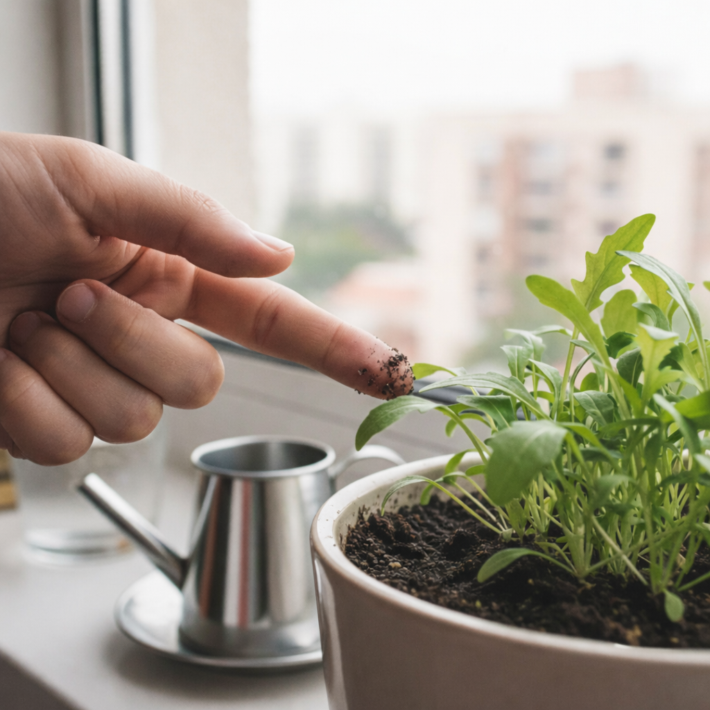 Pessoa tocando o solo de um vaso com mudas de rúcula cultivadas em apartamento, próximo à janela, em ambiente com luz natural indireta