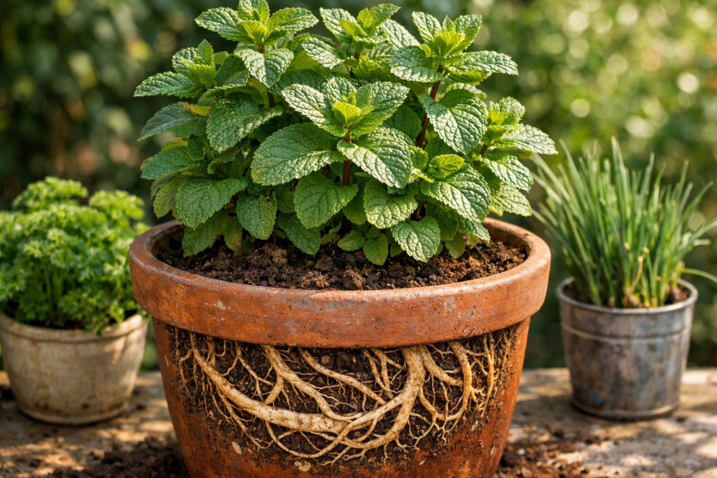 Planta de hortelã exuberante em destaque, cultivada em um grande vaso de terracota com raízes densas e entrelaçadas visíveis nas laterais; ao fundo desfocado, pequenos vasos com salsa e cebolinha em recipientes delicados, sob luz natural suave de jardim.