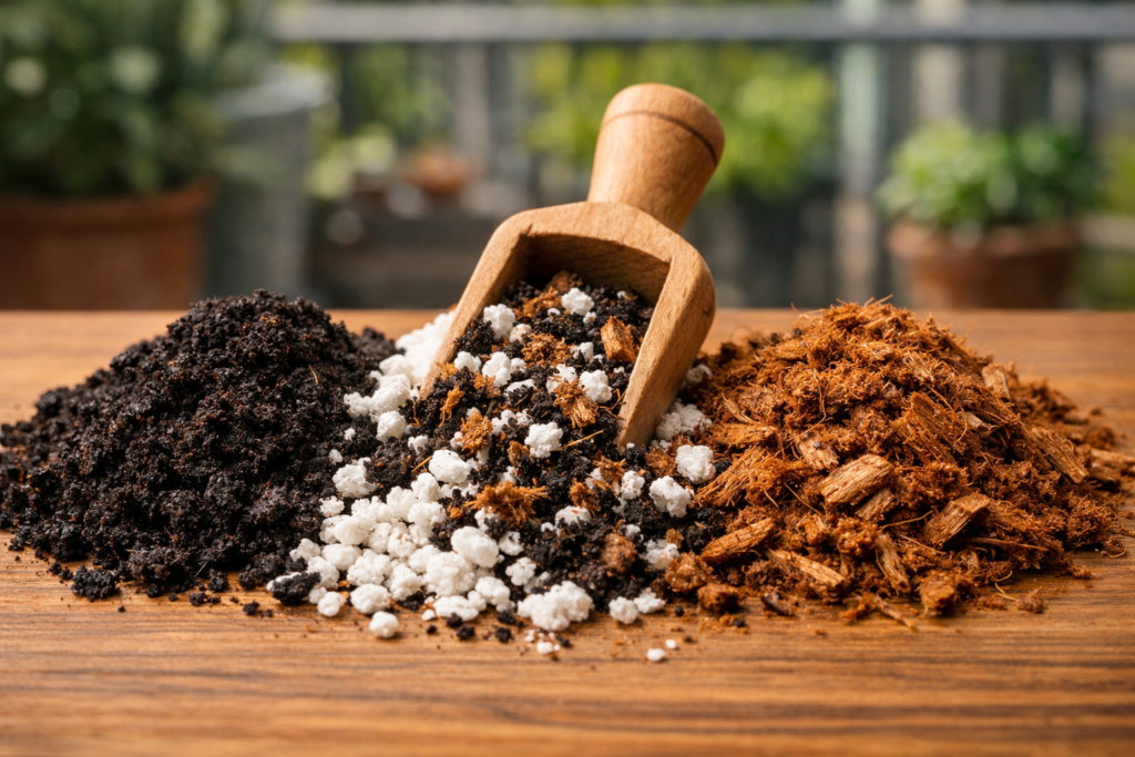 Três montes de substratos para plantas sobre uma mesa de madeira — húmus escuro, perlita branca e fibra de coco marrom — sendo misturados com uma pequena pá de madeira, com fundo desfocado de uma varanda verde ao sol.