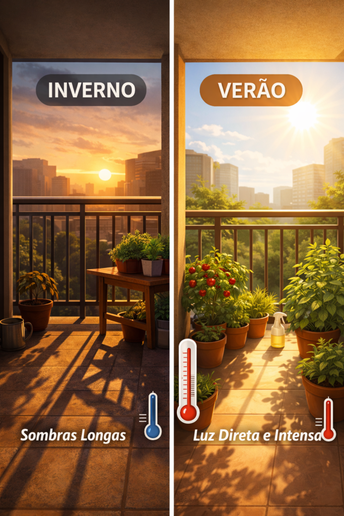 Comparação entre uma varanda de apartamento no inverno, com sombras longas e pouca luz solar, e no verão, com sol direto e plantas de horta recebendo luz intensa