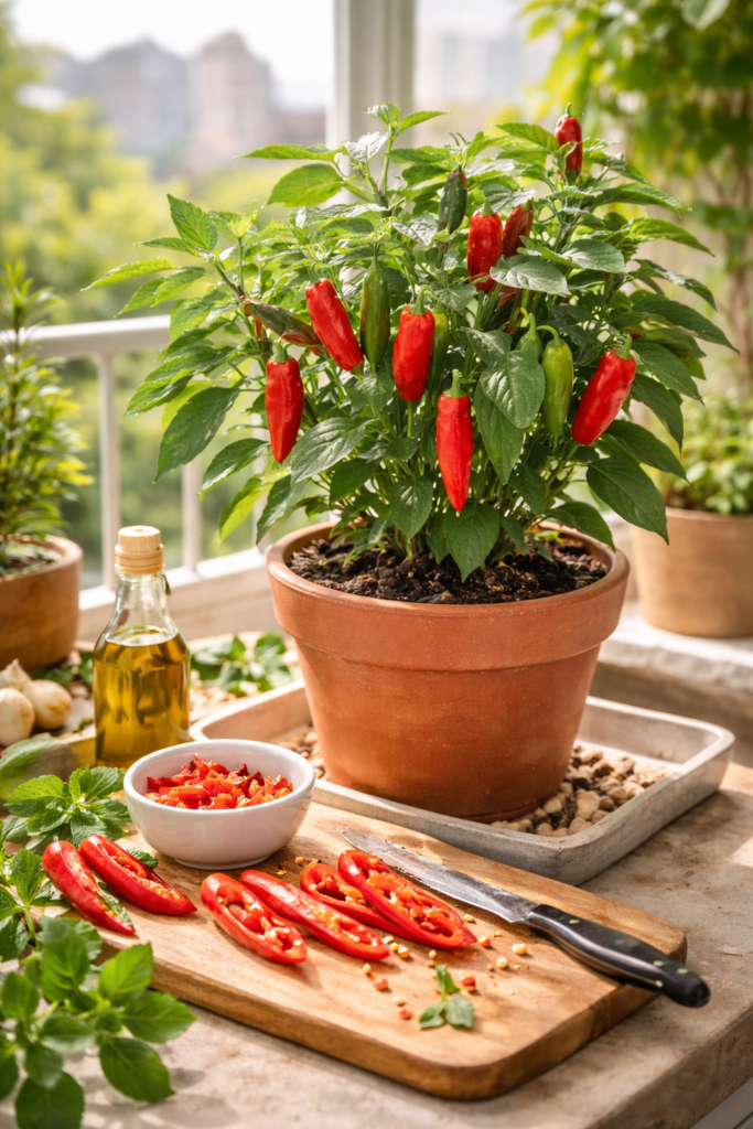 Planta de pimenta dedo-de-moça cultivada em vaso de barro em uma varanda de apartamento, com frutos verdes e vermelhos maduros. Ao lado, uma tábua de madeira com pimentas cortadas, faca e tigela, iluminadas por luz natural, representando o cultivo e uso doméstico da pimenta fresca