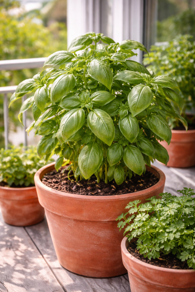 Manjericão cultivado em vaso de barro em apartamento, com folhas grandes, verdes e saudáveis recebendo luz natural próxima à janela