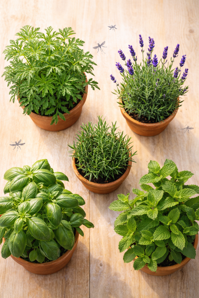 Vasos com plantas repelentes naturais — citronela, manjericão, hortelã, alecrim e lavanda — organizados sobre mesa de madeira clara, com iluminação natural e efeito visual de mosquitos se afastando